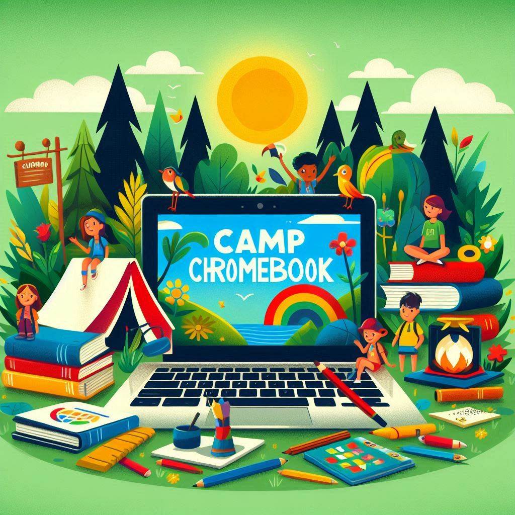 AI generated Camp Chromebook - trees and rising sun in background with tents, books, and a Chromebook in the middle of the screen