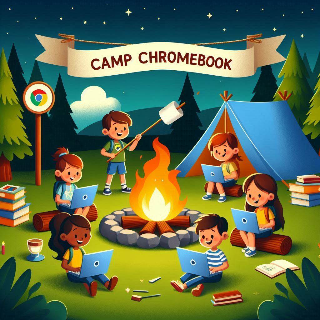 AI generated camp fire scene with tents and students on Chromebooks with one student roasting a marshmallow